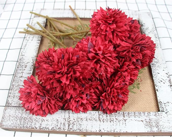 Tinsow Artificial Flowers Faux Ball Chrysanthemum Bouquet Flowers Bridal Wedding Bouquet for Home Garden Party Wedding Decoration (12, Black, Red, Orange)