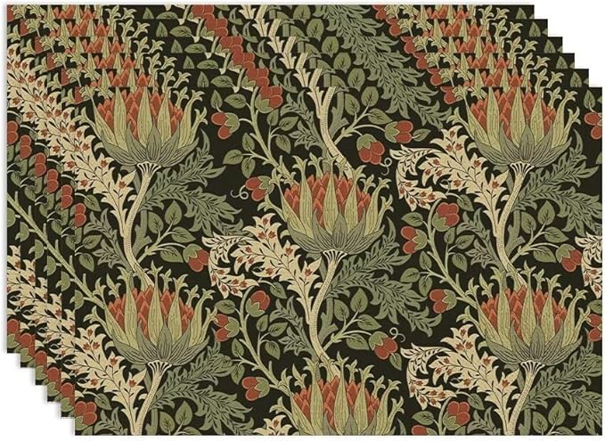Vintage Boho Florals Placemats Set of 6, William Morris Retro Botanical Plant Foliage Place Mats, Heat Resistant Non Slip Cotton Linen Dining Table Mats for Home Kitchen Party 18x12 Inch