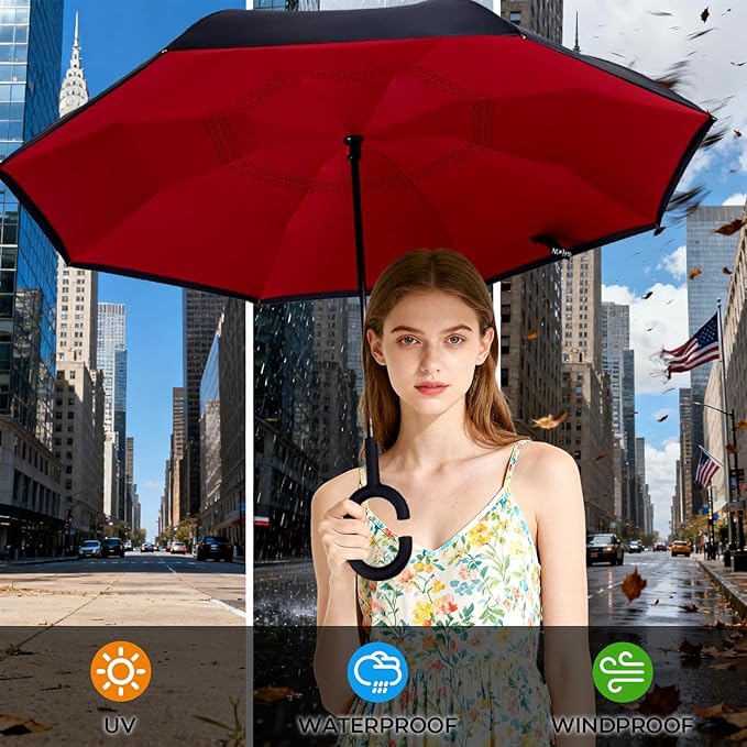 Inverted Umbrella, 49 Inch Double-Layer Vented Reverse Umbrella, Windproof Waterproof UV Protection, Lightweight C-Handle, Fiberglass Ribs, Steel Shaft, Travel/Commute/Car Use, With Sleeve
