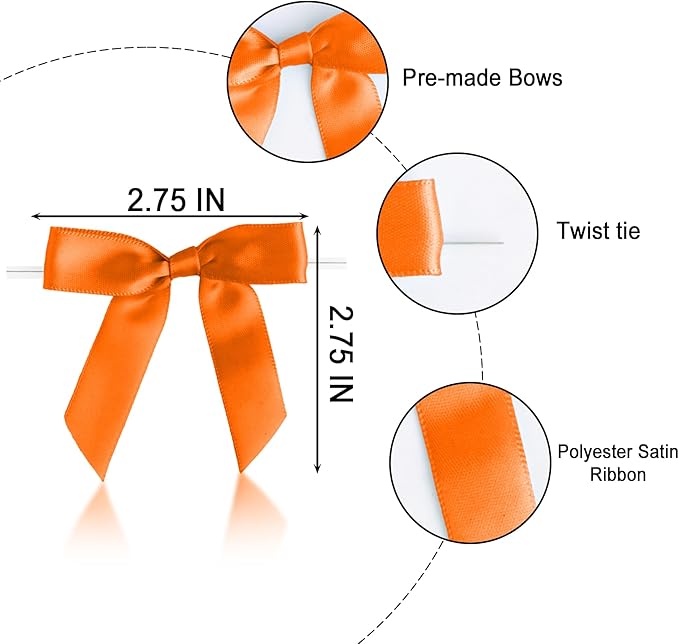 50 PCS Orange Twist Tie Bows 2.5" Satin Ribbon Bows Decor for Gift Wrapping Craft Treat Bags Cake Pop Basket, Wedding Baby Shower Birthday Party Favors