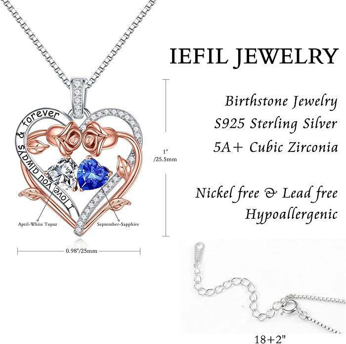 Iefil Rose Heart Double Birthstone Necklace Gifts for Wife Her Mom Women, Birthstone Jewelry Gemstone Birthday Gifts for Girlfriend Grandma Her Wife Women