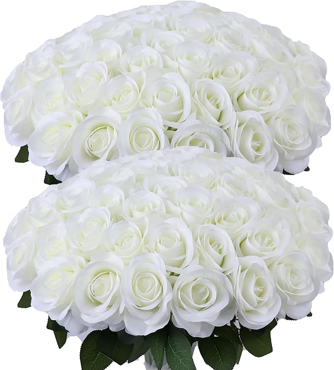 52pcs Ivory Roses Artificial Flowers Ivory White Roses Fake Flowers Silk Roses with Stems for DIY Wedding Bouquets Bridal Shower Centerpieces Arrangements Party Decorations