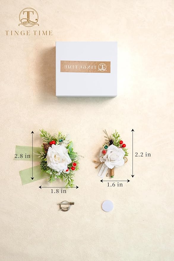 TINGE TIME White Corsage and Boutonniere Set, Prom Flower Wrist Corsage Bracelets, Boutonniere for Men Wedding Flowers Accessories Prom Suit Decorations
