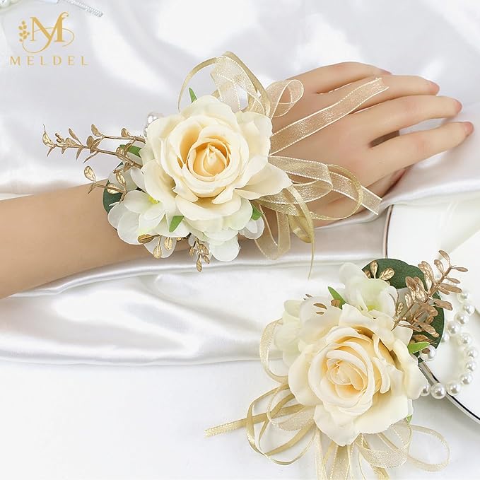 Meldel Champagne Corsage and Boutonniere Set,Boutonniere for Men,Groomsmen and Groom Boutonniere for Wedding,Rose Wrist Corsages Bracelets for Mother of Bride,Bridesmaids,Girls,Women,Prom,Homecoming