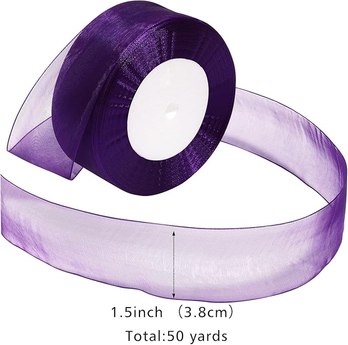 Purple Ribbon for Gift Wrapping 1-1/2 inch Sheer Organza Ribbon for Flower Bouquet Tulle Chiffon Ribbons for Wedding Invitations Christmas Decorations Crafts 50 Yards