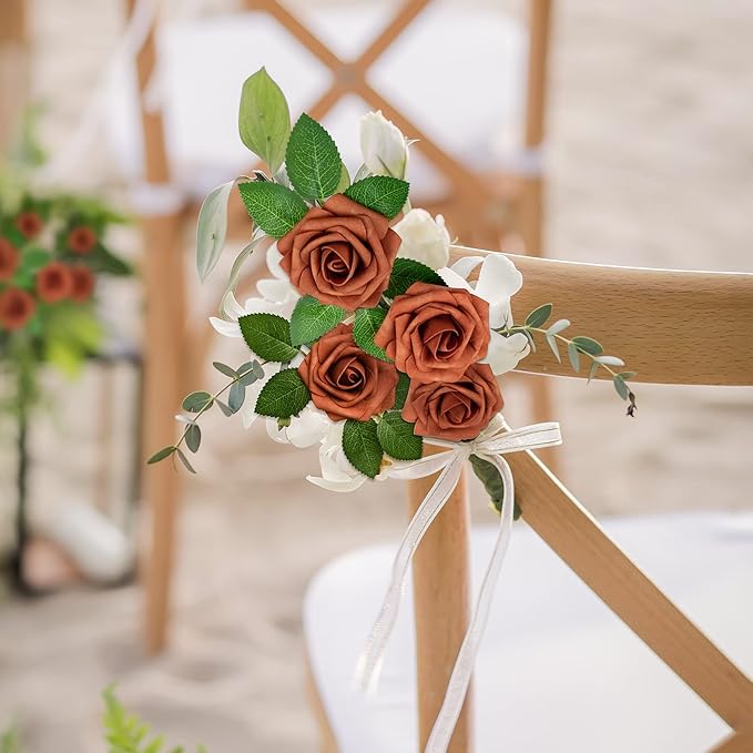 Mocoosy 50Pcs Burnt Orange Artificial Rose Flowers, Terracotta Fake Rose for Decorations, Real Touch Rust Foam Rose Bulk with Stem Wedding Floral Arrangement Bridal Shower Rustic Party Home Decor