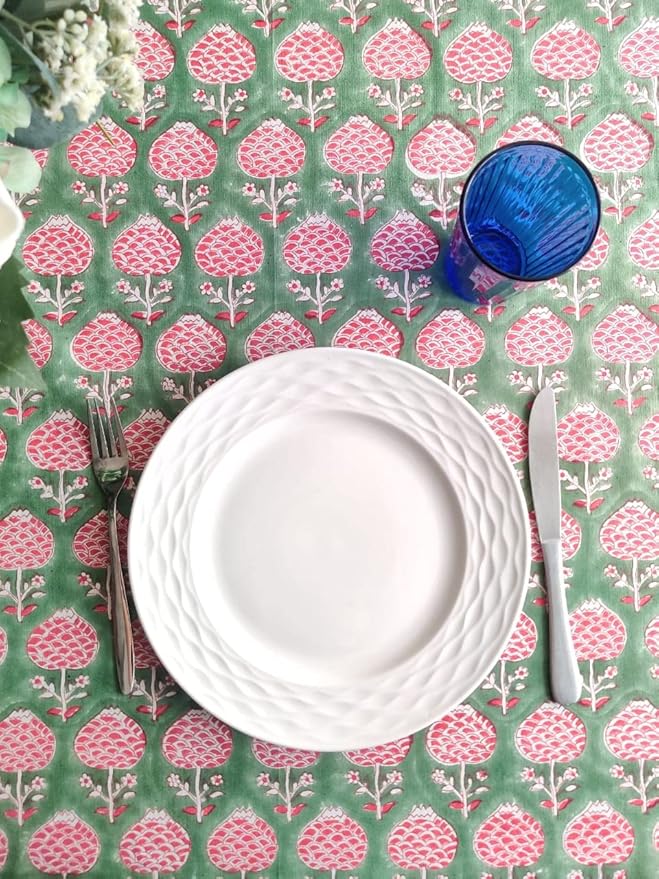 ATOSII Roma Green 100% Cotton Spring Summer Tablecloth, Handblock Print Rectangle Table Cover for Kitchen Dining Linen I Parties, Outdoors, Wedding, Easter Table Cloth I 72 X 108 Inches I 8 Seater