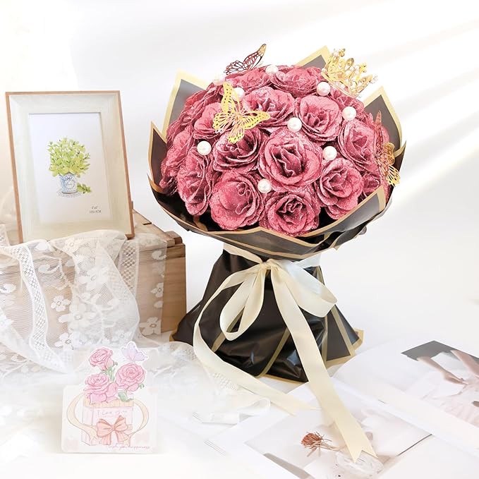 Glitter Roses Bouquet, Shiny Artificial Roses Flowers with Stems DIY Fake Glitter Flowers Bouquet for Valentine's Day, Mother's Day, Anniversary, Graduation, Birthday, Wedding, 36 Roses (Rose Gold)