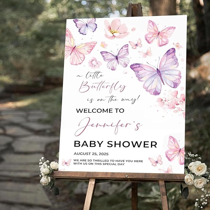 Personalized Baby Shower Welcome Sign With Stand, Baby Shower Yard Sign Template, Forest Animal Yard Sign Decorations For Girl, A Little Butterfly For Girl Welcome Sign