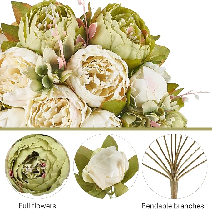 Mkono Peonies Artificial Flowers, 2 Packs 13 Stems Faux Peony Flowers Real Touch Fake Silk Bouquet for Arrangements Dining Table Centerpieces for Kitchen Bridal Wedding Party (2, New Green)