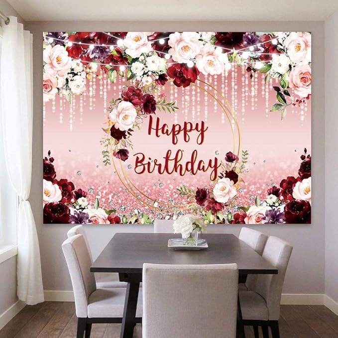 Sensfun Floral Happy Birthday Backdrop Burgundy Flowers Rose Gold Glitter Bokeh Spots Photo Background Vinyl Women Birthday Party Cake Table Decorations Photoshoot Banner (8x6ft)