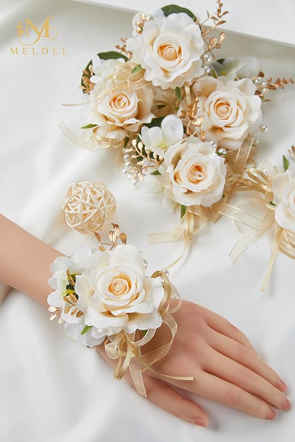 Meldel Champagne Corsage and Boutonniere Set,Boutonniere for Men,Groomsmen and Groom Boutonniere for Wedding,Rose Wrist Corsages Bracelets for Mother of Bride,Bridesmaids,Girls,Women,Prom,Homecoming