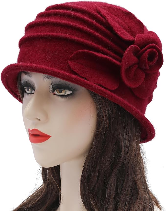ZLYC Women Wool Cloche Bucket Hat 1920s Vintage Dress Winter Hats with Flower Accent