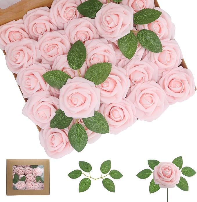 Artificial Flowers Blush Roses 100PCS Real Looking Foam Fake Roses with Leaves and for DIY Wedding Bouquets Bridal Shower Centerpieces Party Decorations (Light Pink, 100)