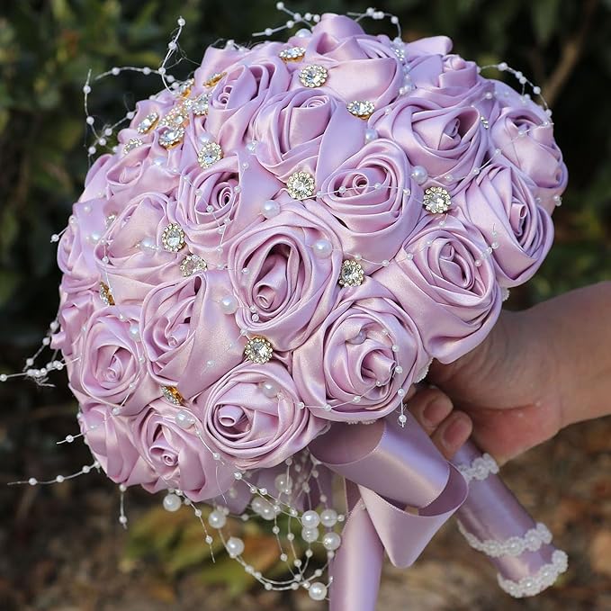 Bridal Wedding Bouquet Round Bling Brooch Bouquet Throw Toss Artificial Rose Flower Bunch for Bride Bridesmaid Wedding Quinceanera(Light Taro Purple, 8.7")
