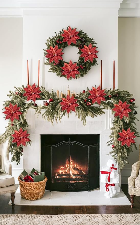 Hollyone 3PCS Poinsettia Christmas Flowers Artificial 11" Large Red Glitter Poinsettia Flowers Christmas Tree Ornaments Floral Picks for Tree Wreath Garland Vase Table Centerpiece Home Decor
