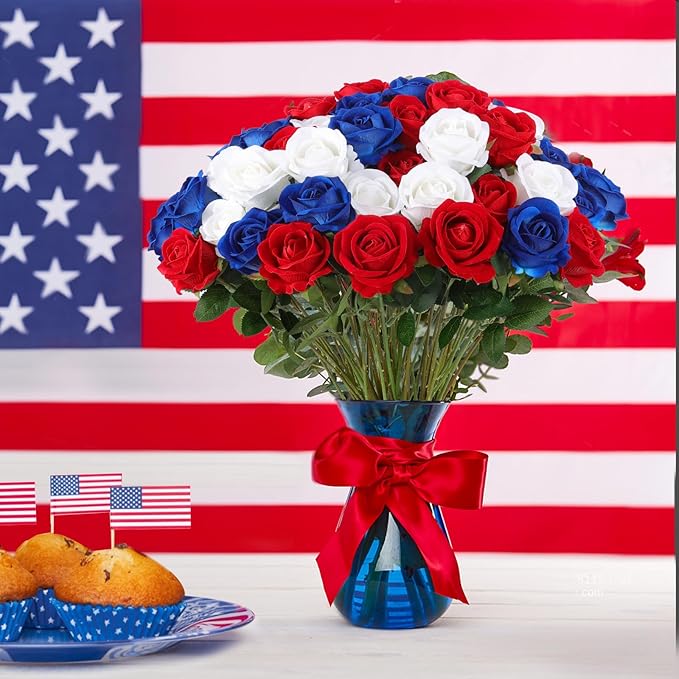 Hananona Artificial Roses in Bulk, Fake Velvet Silk Roses Realistic Roses for 4th July Wedding Centerpieces Independence Day Flower Arrangement Home Decor (50, Red, White, Blue)