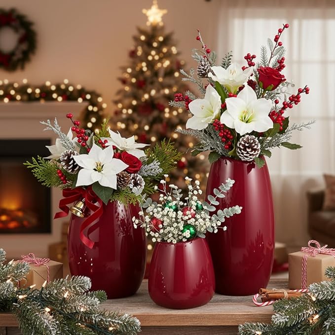 hjn Ceramic Vase Set of 3 Red Flower Vase for Home Decor, Modern Decorative Vase for Flowers Vases for Your Ideal Shelf Decor/Table/Living Room/Kitchen/Office-Red…