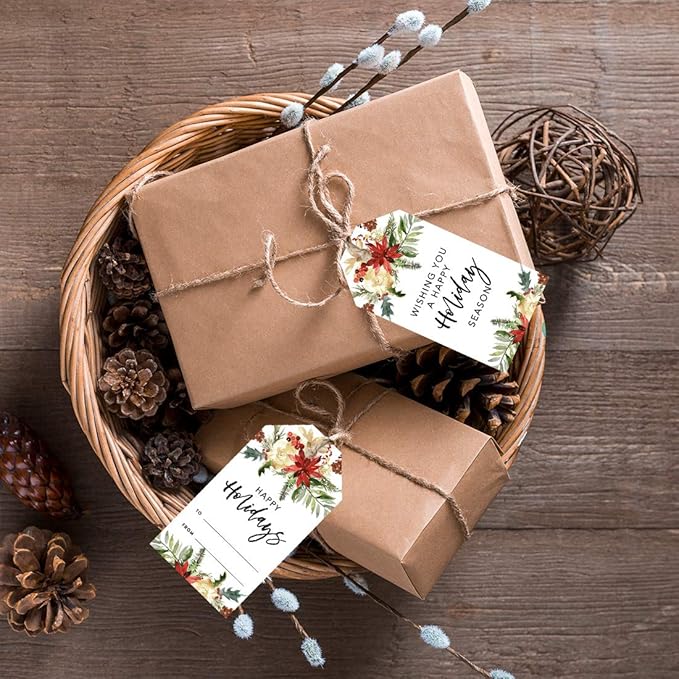 Andaz Press Christmas Holiday Season Classic Gift Tags, Happy Holidays to from and Wishing You A Happy Holiday Season, Christmas Florals Design, for Holiday Events, Parties, and Favors, 60-Pack