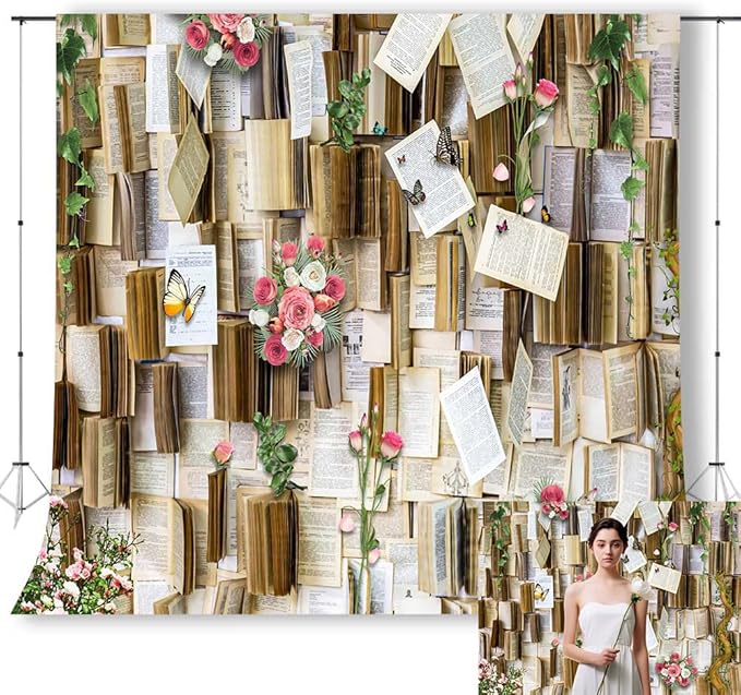 10x10ft Books Background Books Pages Pink and White Flowers Vintage Party Backdrop Princess Birthday Party Cake Table Decorations Photoshoot Backdrops KUBDJ736