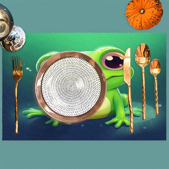 Frog Animal Green Placemats Set of 1 PVC Vinyl Non Slip Table Mats Waterproof Heat Resistant Place Mats Washable Wipeable Dining Table Mat for Kitchen Party Farmhouse Indoor Outdoor Decorative