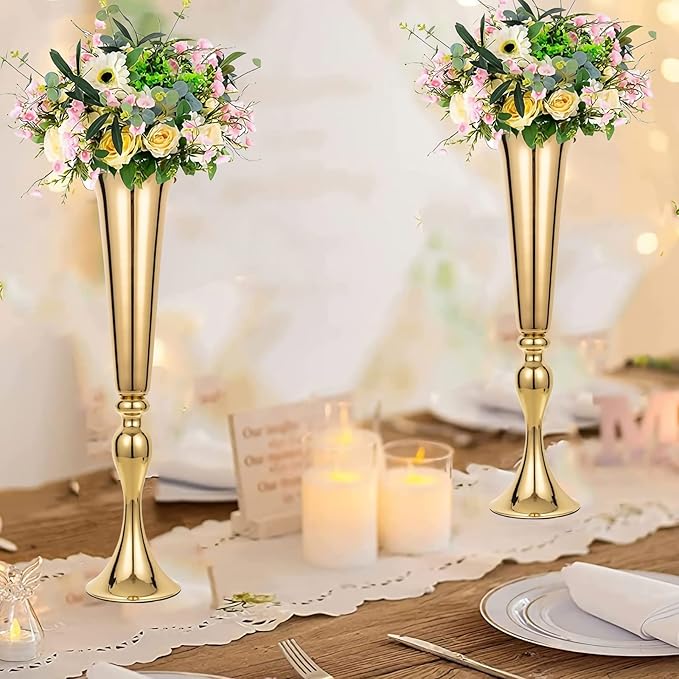 Set of 2 Metal Trumpet Vases for Table Centerpieces, Anniversary Celebration Wedding Party Dinner Table Centerpieces, Wedding Decorations, 21.9"/55.5cm Gold Vases
