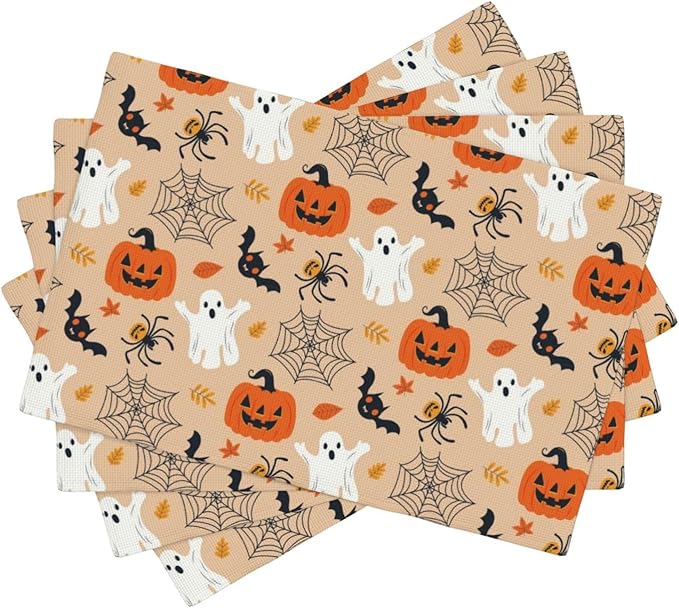 Placemats 4 pcs Halloween Double-Layer Imitation Linen Place Mats Non-Slip Heat-Resistant Tablemats for Home Restaurant Hotel 18×12 Inch