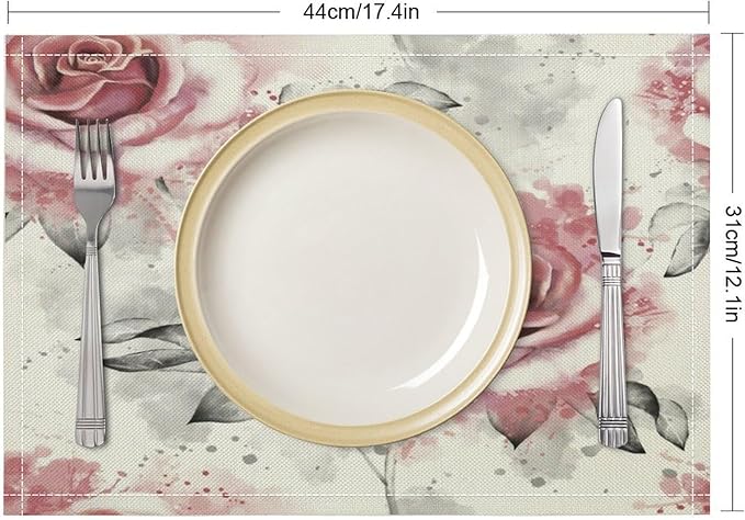Rose Placemats Set of 4, 17x12 Inch Vintage Romantic Floral Pink Rose Gray Leaf White Table Mats for Home Party Kitchen Dining Decor