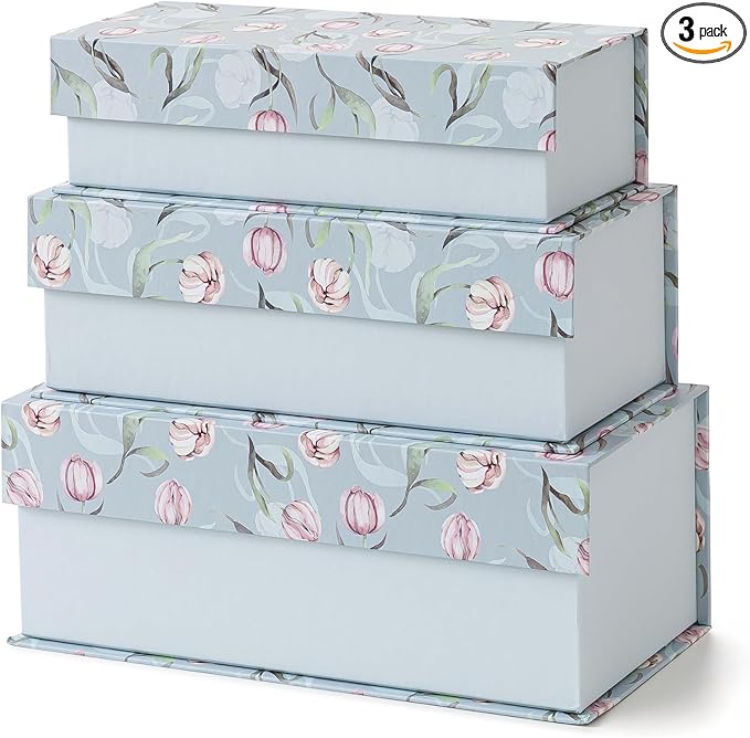 Soul & Lane Decorative Storage Boxes with Lids, Set of 3 Cardboard Boxes for Home Décor and Documents, Memory Organizers for Keepsakes with Magnetic Closure, Photo Storage, Spring Classic