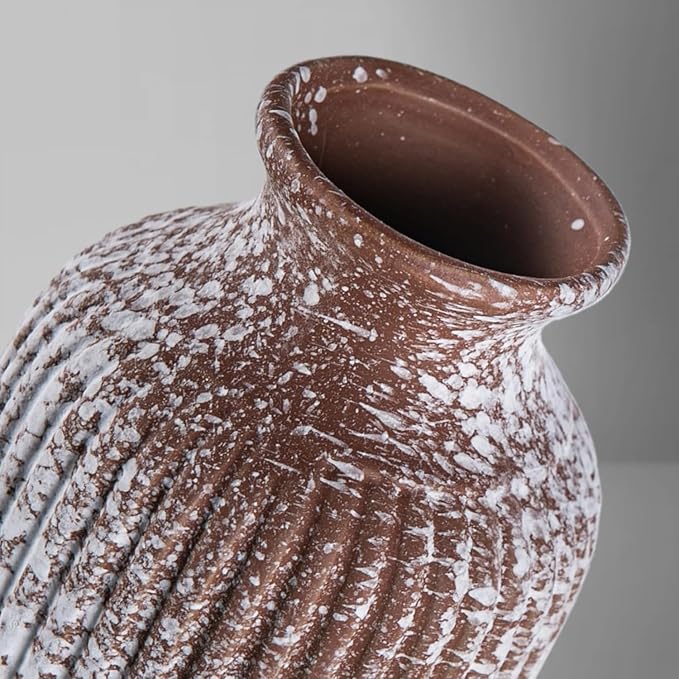 Ceramic Flower Vase Home Décor, 9.25 Inch Rustic Farmhouse Vase, Ribbed Vintage Vase, Pottery Decorative Vases for Living Room, Entryway Table, Shelf, Kitchen Island, Coffee Table(Mottled-Brown)
