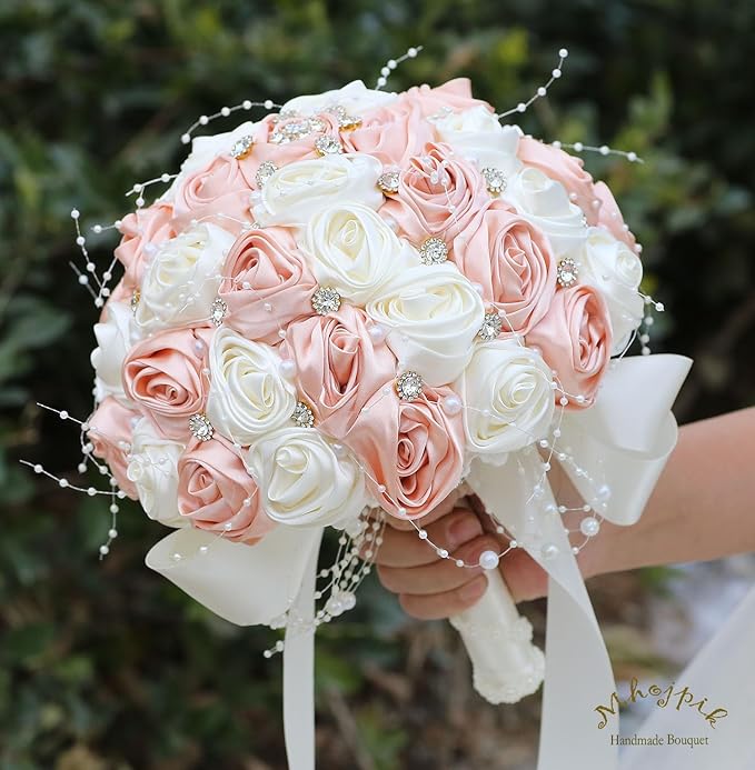 Bridal Wedding Bouquet Round Bling Brooch Bouquet Throw Toss Artificial Rose Flower Bunch for Bride Bridesmaid Wedding Quinceanera(Peach Pink & Ivory, 9.8")