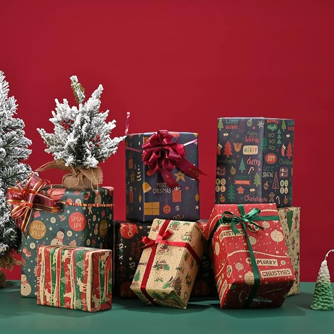 5 Rolls 10mm 125 Yards Christmas Ribbons, Holiday Satin Ribbons Fabric for Gift Wrapping and DIY Craft, Red & Dark Red & Green & Gold &White