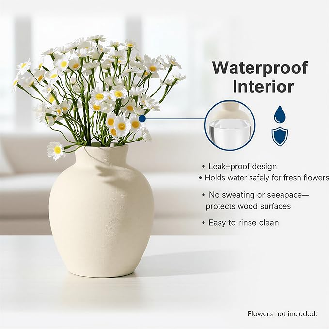 6-Inch Off-White Ceramic Flower Vase, Rustic Farmhouse Boho Pottery Centerpiece for Home Decor, Table, Living Room & Mantel
