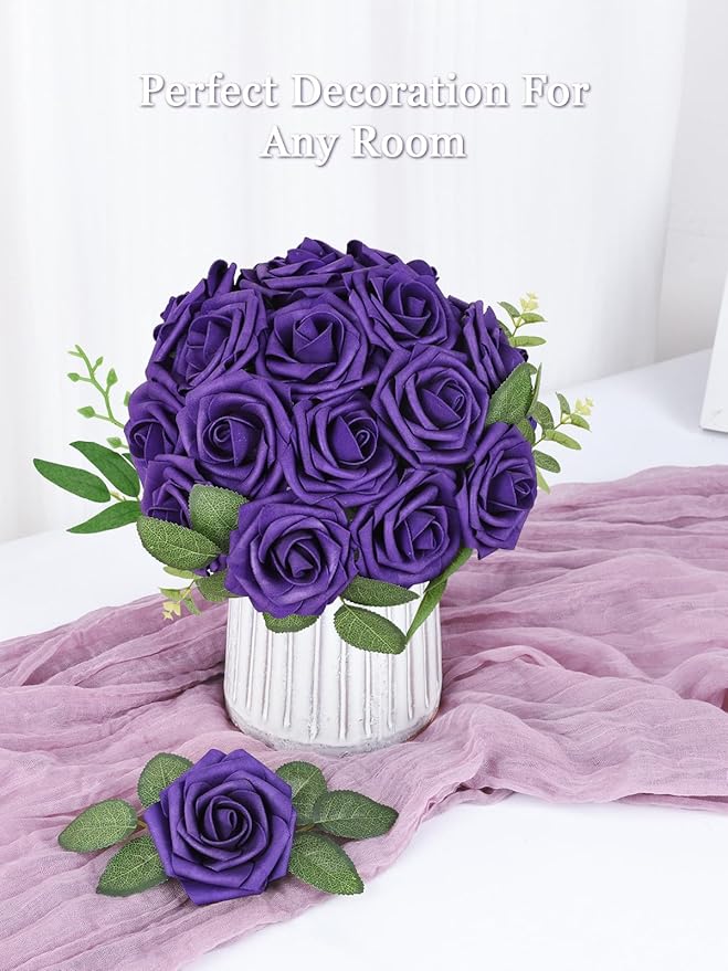 MACTING Artificial Flower Roses 60PCS Real Touch Fake Flowers with Stem Foam Rose for DIY Wedding Bouquet Table Centerpieces Craft Party Holiday Home Spring Valentines Day Decorations,Dusty Purple