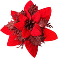 Zhuqing 15Pcs Christmas Poinsettia Artificial Flowers Decorations, Glitter Poinsettia Christmas Tree Ornaments,All Red Tree Flowers for Xmas/Party/Holiday/Wreath/Garland Decor, with Cilps, 5.5 Inch