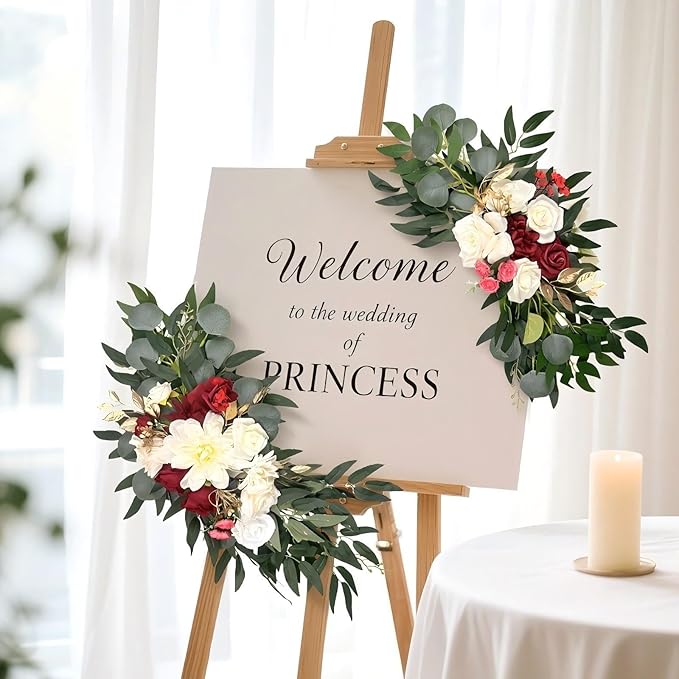 Artificial Wedding Arch Flowers (Pack of 2) White Wedding Flowers for Wedding Welcome Ceremony Sign Faux Floral Swags, Banquet and Reception Backdrop Floral Decoration (White & Red)