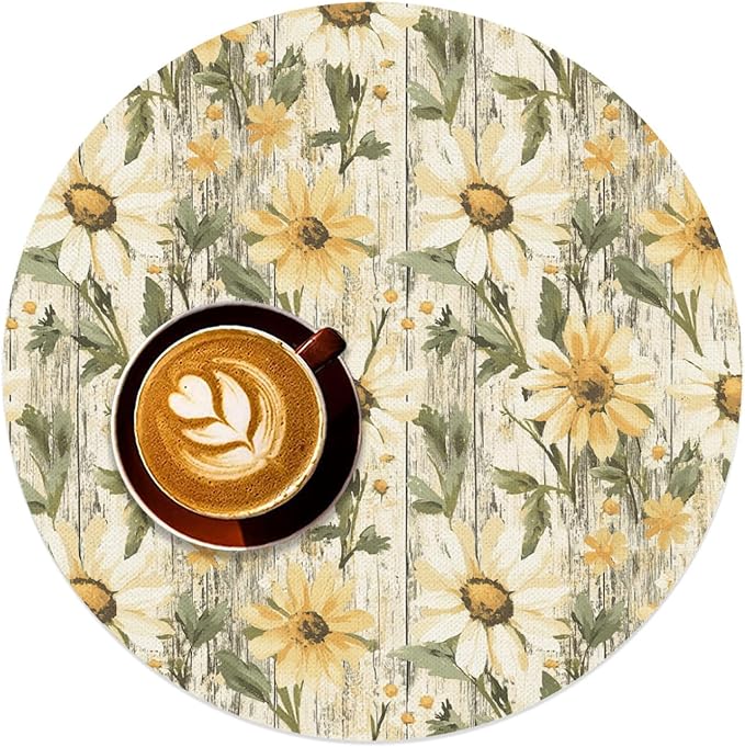 Flower Round Placemat Set of 4 Elegant Linen Table Mats for Dining, Heat Resistant, Stain Resistant Perfect for Dinner Parties, Restaurants, and Everyday Use