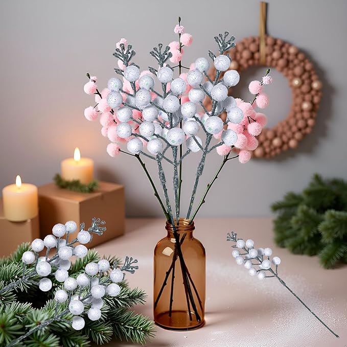 24Pack Christmas Picks Glitter Berries Stems Artificial White Berry Branches Holly Picks Stems Christmas Tree Ornaments for DIY Xmas Wreath Crafts Gifts Holiday Home Decor (White)