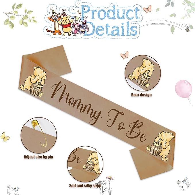 Winnie Baby Shower Sash Mom to Be Sash and Dad to Be Pin Flower Crown for Gender Reveals Party Baby Shower Party Favors Decorations for Boys and Girls Pregnancy Props Gift, Standard, Brown