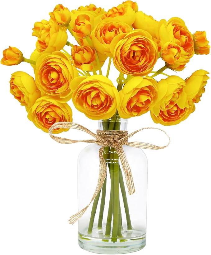 Ranunculus Artificial Flowers with Vase, 8 Pcs Faux Silk Ranunculus Flower in Vase, Small Flower Arrangements for Home Decor Indoor, Table Centerpiece. (Yellow)