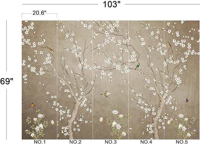 Plum Blossom Flower Bird Chinoiserie Wall Mural Wallpaper for Bedroom 103" x 69"