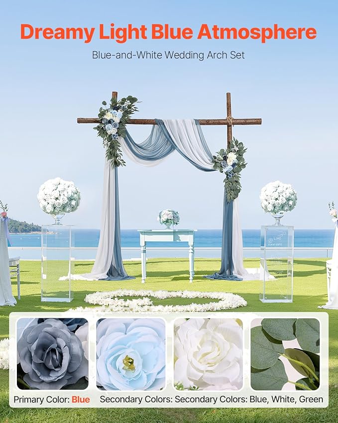 VEVOR Artificial Wedding Arch Flowers Kit, Blue Wedding Arch Flowers with Drapes Kit -2 Pcs Floral Arrangement, 2 Pcs Sheer Drapes, for Ceremony Bouquets Reception Backdrop Decoration（No Include Wood
