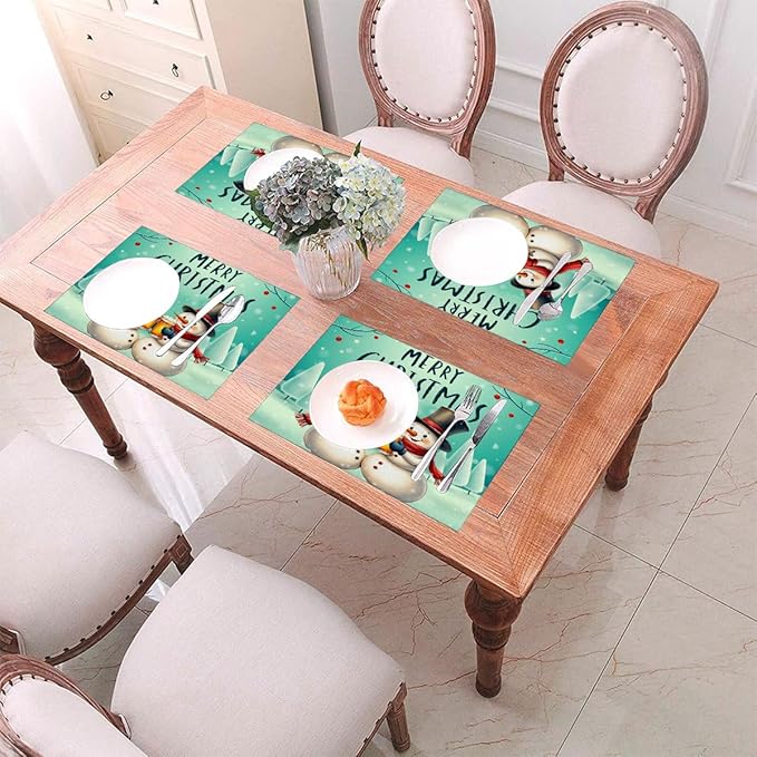 PVC Placemats Set of 4 Wipeable Table Mats Washable Heat Resistant Non Slip Vinyl Dining Table Mat for Kitchen Indoor Outdoor Patio Farmhouse Place Mats Christmas Snowman Beer Decorative