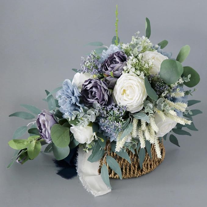 Bridal Bouquets for Bride, Haze Blue Wedding Bouquets for Bride Artificial Roses Flowers Waterfall Bridal Bouquet Cascading Wedding Bouquet for Wedding Party Bridal Shower Decoration