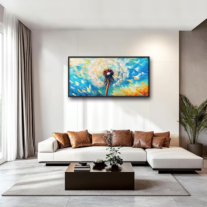 Extra Large Abstract Dandelion Framed Wall Art for Living Room,Oversized Colorful Dandelion Flower Pictures Wall Decor,Blue Canvas Print Painting Modern Artwork Bedroom Office Bathroom 60L x 30W