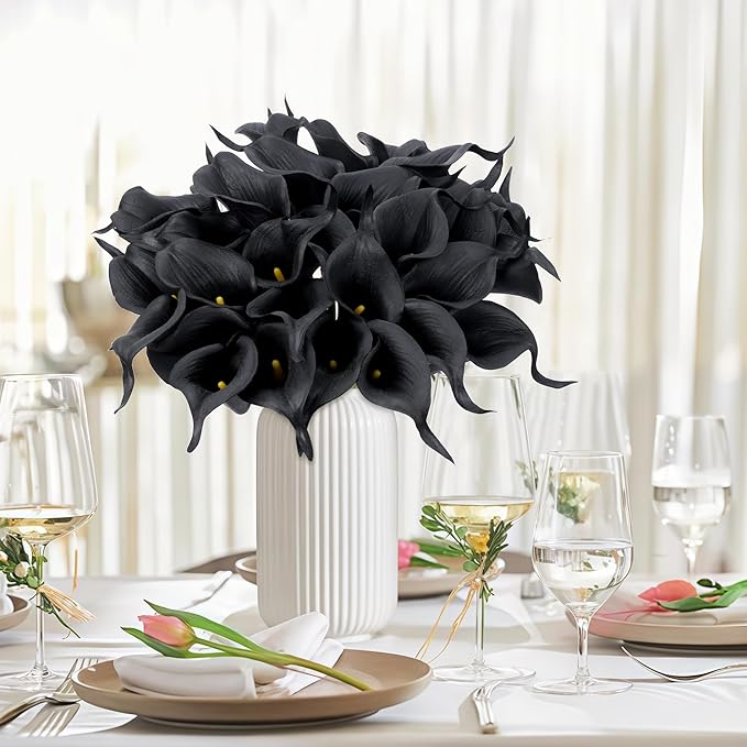24 Pcs Black Artificial Calla Lily Flowers Fake Black Silk Flowers Real Touch for Wedding Bouquet Office Home Kitchen Decor