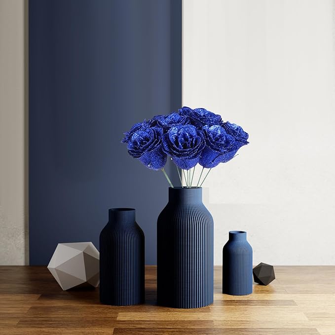 Glitter Roses,30PCS Royal Blue Flowers Artificial Roses with Stems for Wedding Bouquet Party Christmas Home Decor(Royal Blue)