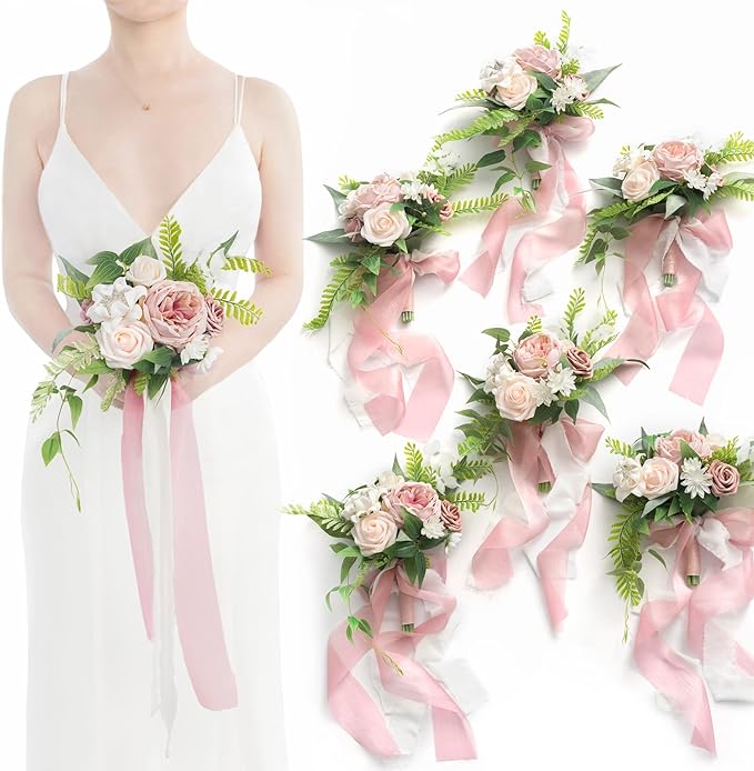 Ling's moment Artificial Flowers Pink Bridesmaid Bouquet Set of 6, Dusty Rose Wedding Flowers Bouquets for Bridesmaids, 7 Inch Bridal Bouquets for Bridesmaids, Wedding, Ceremony, Anniversary, etc