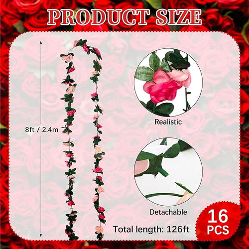 16Pcs 126Ft Pink Rose Garland, Fake Rose Hanging Flowers, Artificial Flower Vine, Hanging Floral Vine Garland for Wedding, Birthday Party, Wall Arch, Halloween, Christmas Garden Backdrop Decor