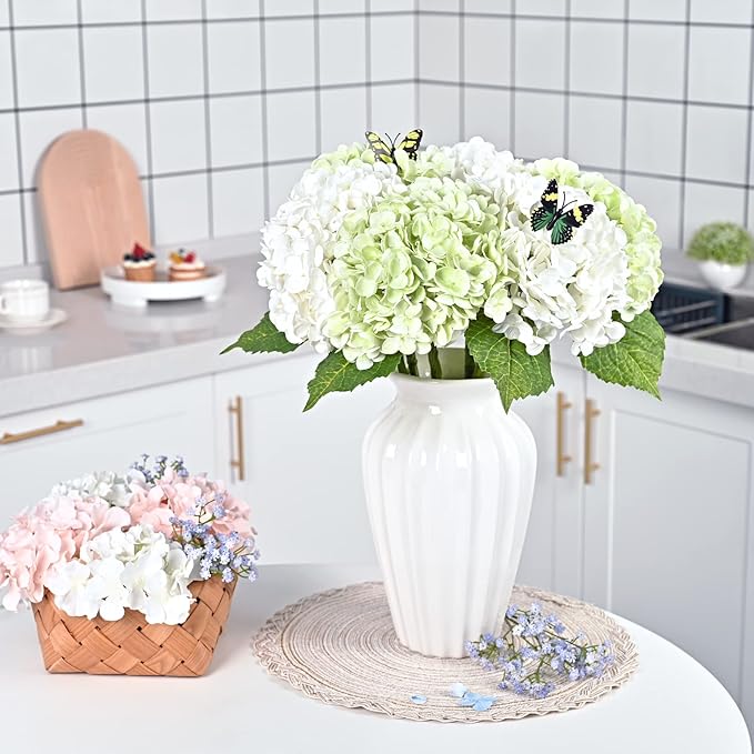 Waipfaru 21" Real Touch Hydrangea Artificial Flowers with Long Stem & Leaves, Full Latex Faux Hydrangea Flowers for Home Decor Party Floral Arrangements Wedding Bouquets Centerpieces, Green 3Pcs